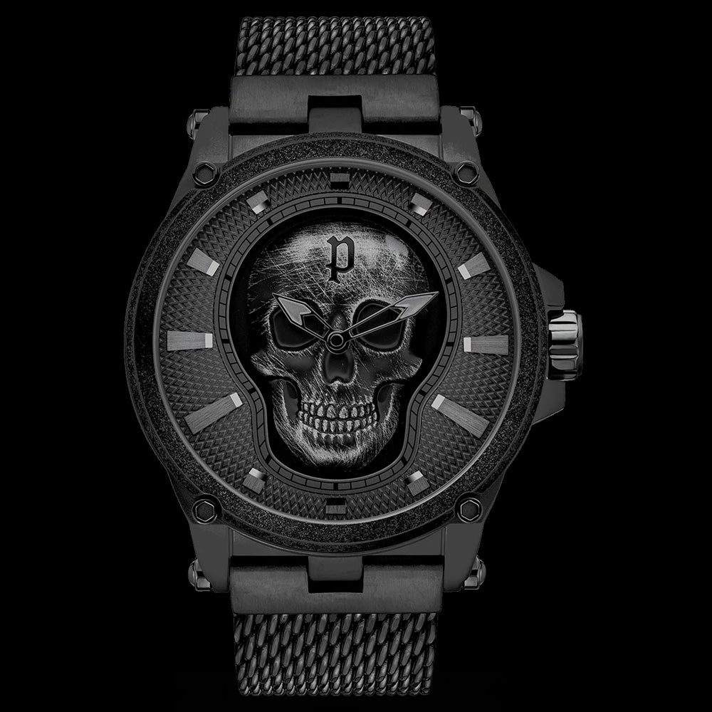 Police Vertex Men\'s All Black Watch Skull – Australia Steel | Silver