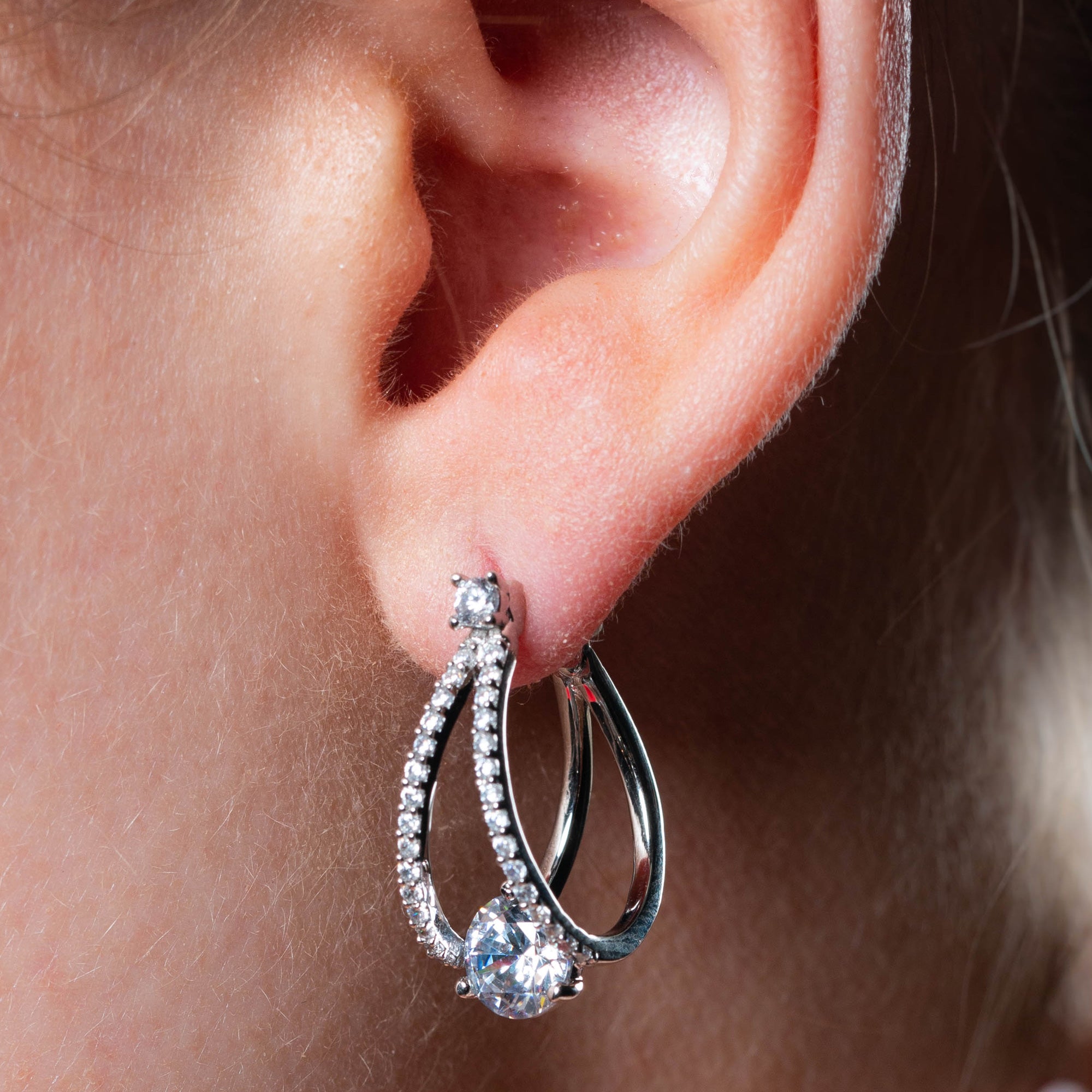 Woman Wearing Georgini Red Carpet Champagne Silver Earrings | Australia