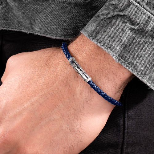 POLICE WARREN BLUE LEATHER MEN'S BRACELET - WRIST VIEW