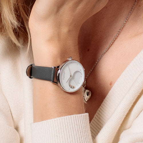 Woman Wearing Happy Hearts Floating Charm Silver Grey Watch | Engelsrufer Australia