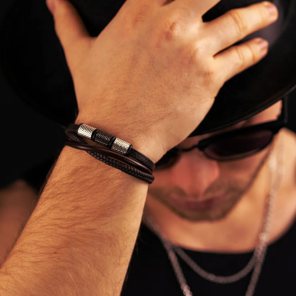 Brown & Black Leather Men's Bead Bracelet | Save Brave Australia