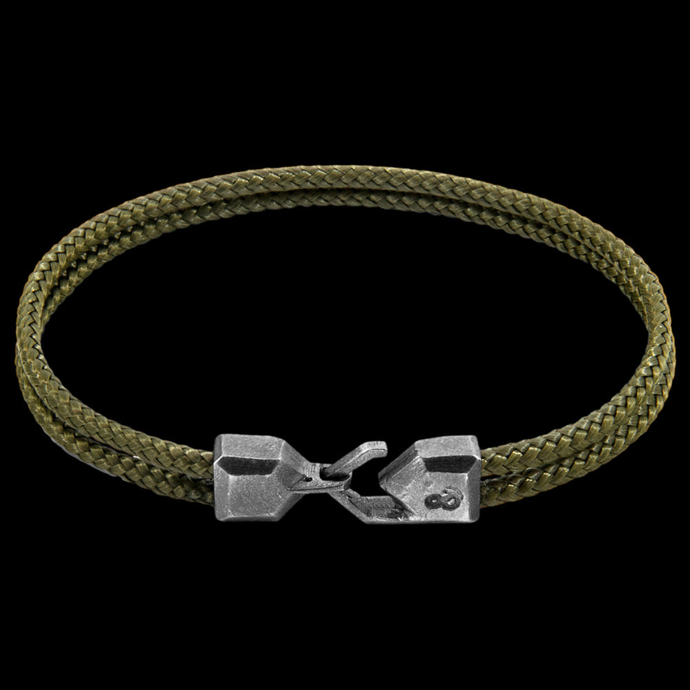 ANCHOR & CREW CROMER SILVER KHAKI GREEN ROPE BRACELET