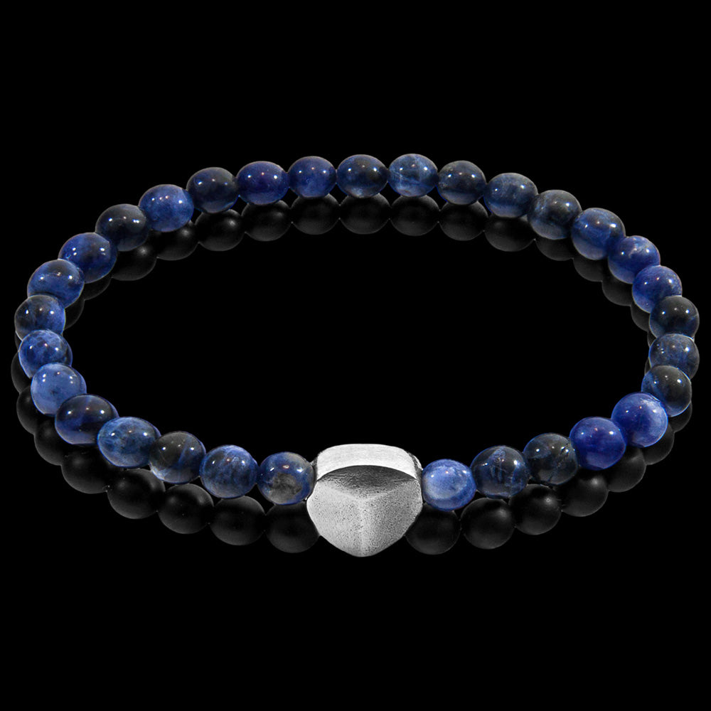 ANCHOR & CREW IGUAZU SILVER BLUE SODALITE & BLACK AGATE DOUBLE STONE BRACELET