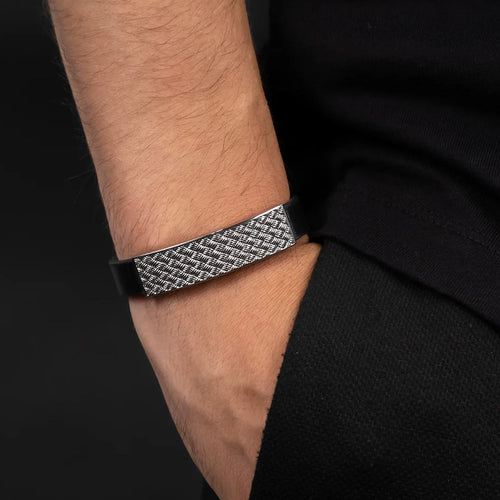 Man Wearing Checker Plate Leather Men's Bracelet | Save Brave Australia