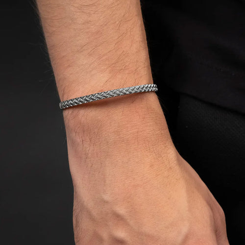 Man Wearing Checker Plate Thin Men's Cuff Bracelet | Save Brave Australia