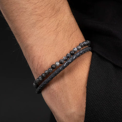 Man Wearing Grey Leather & Agate Bead Men's Bracelet | Save Brave Australia