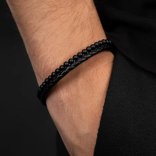 Man Wearing Black Leather & Onyx Bead Men's Bracelet | Save Brave Australia