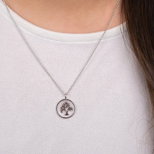 Woman Wearing Tree Of Life Silver Charm Circle Necklace | Engelsrufer Australia