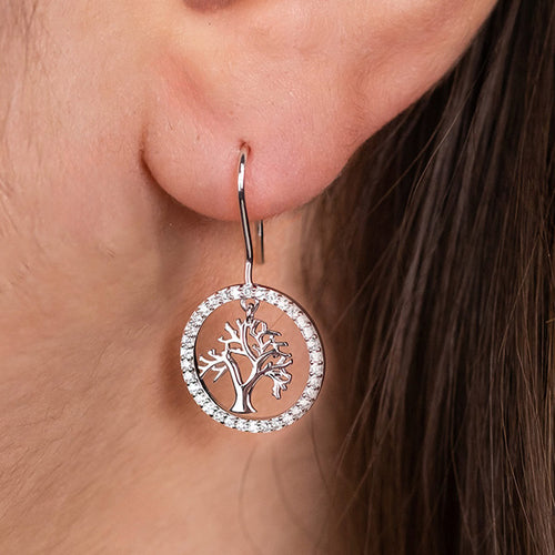 Woman Wearing Tree Of Life Sterling Silver CZ Halo Earrings | Engelsrufer Australia