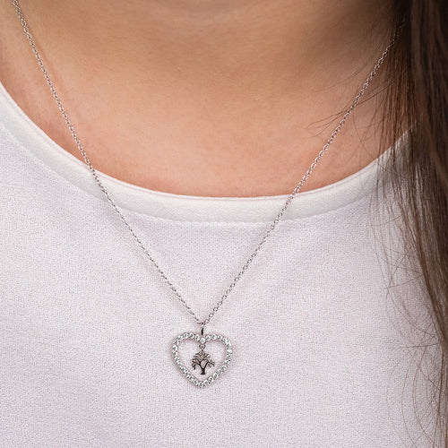 Woman Wearing Tree Of Life Sterling Silver Heart CZ Halo Necklace | Engelsrufer Australia