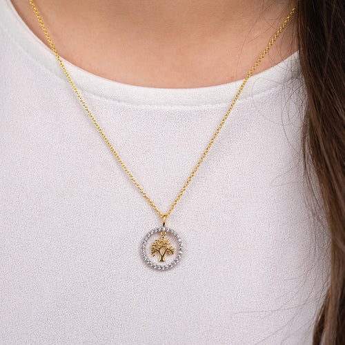 Woman Wearing Tree Of Life Silver & Gold CZ Halo Necklace | Engelsrufer Australia