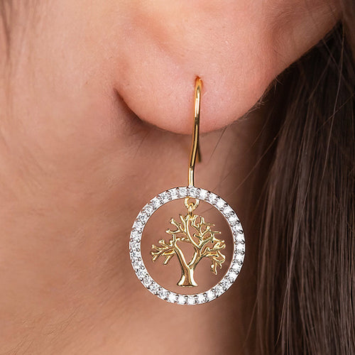 Woman Wearing Tree Of Life Silver & Gold CZ Halo Earrings | Engelsrufer Australia