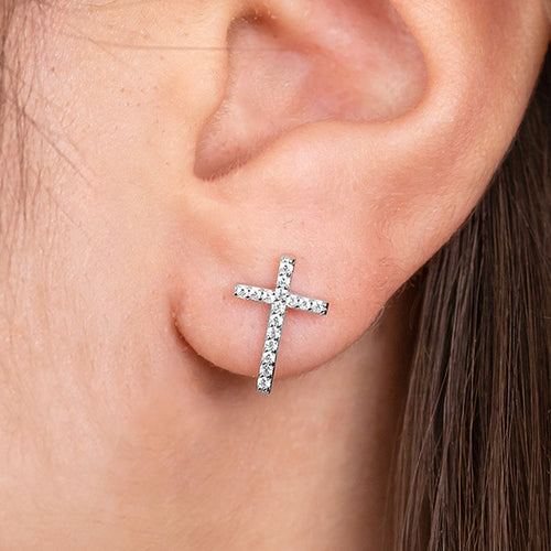 Woman Wearing Little Cross Paved CZ Sterling Silver Stud Earrings | Engelsrufer Australia