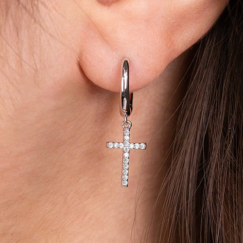 Woman Wearing Cross Pave CZ Silver Dangle Hoop Earrings | Engelsrufer Australia