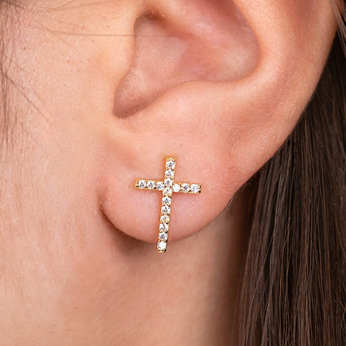 Woman Wearing Little Cross Paved CZ Gold Stud Earrings | Engelsrufer Australia