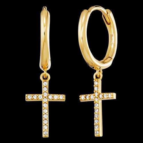 Little Cross Pave CZ Gold Dangle Hoop Earrings | Engelsrufer Australia