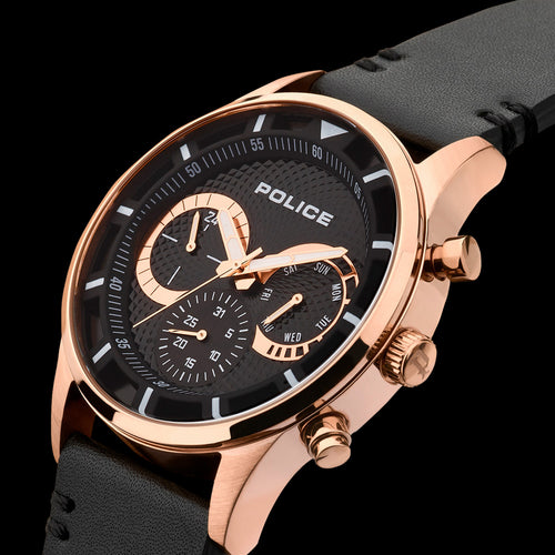 POLICE MEN'S DRIVER BLACK DIAL ROSE GOLD WATCH - TILT VIEW