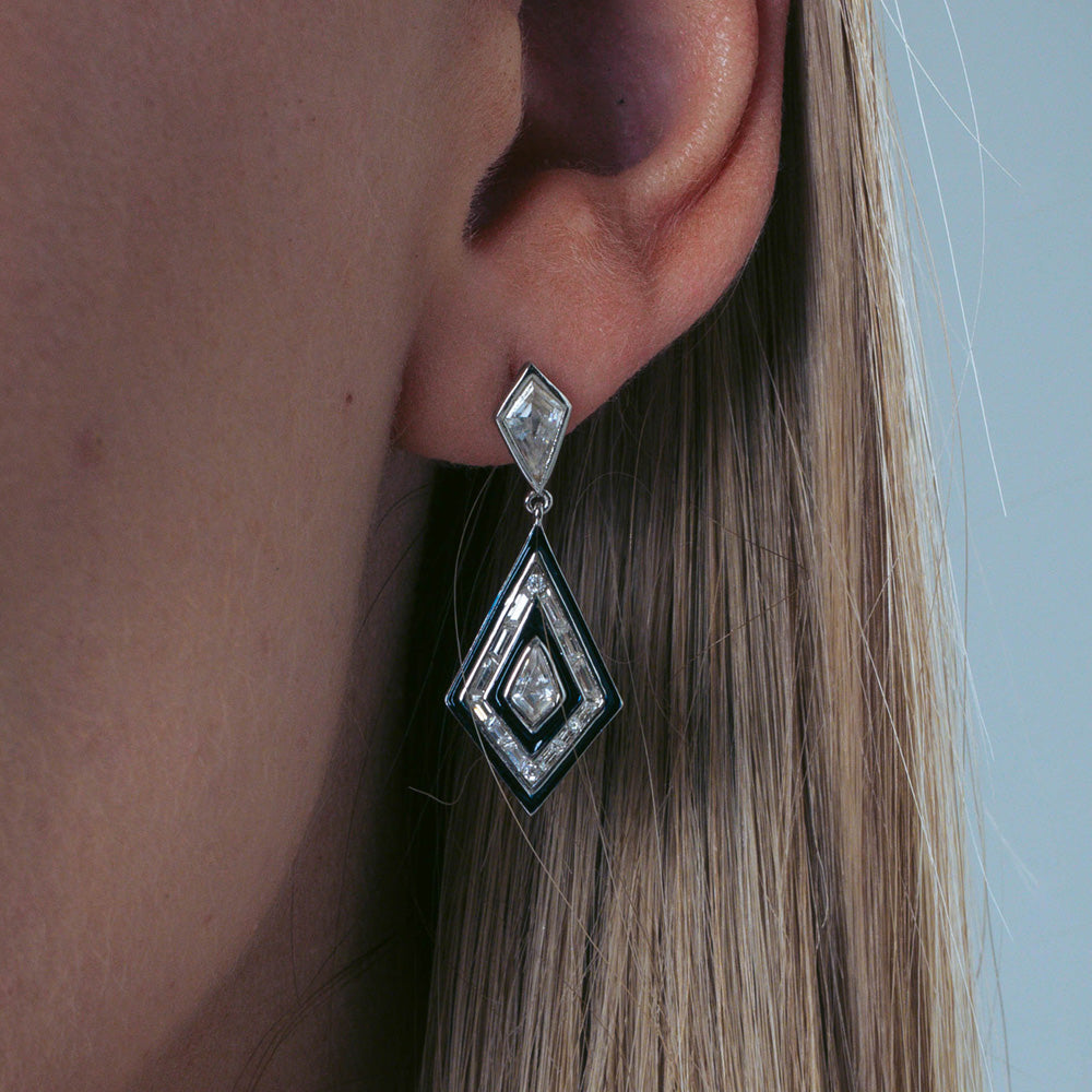 GEORGINI REFLECTION ART DECO SILVER & BLACK EARRINGS - MODEL CLOSE-UP