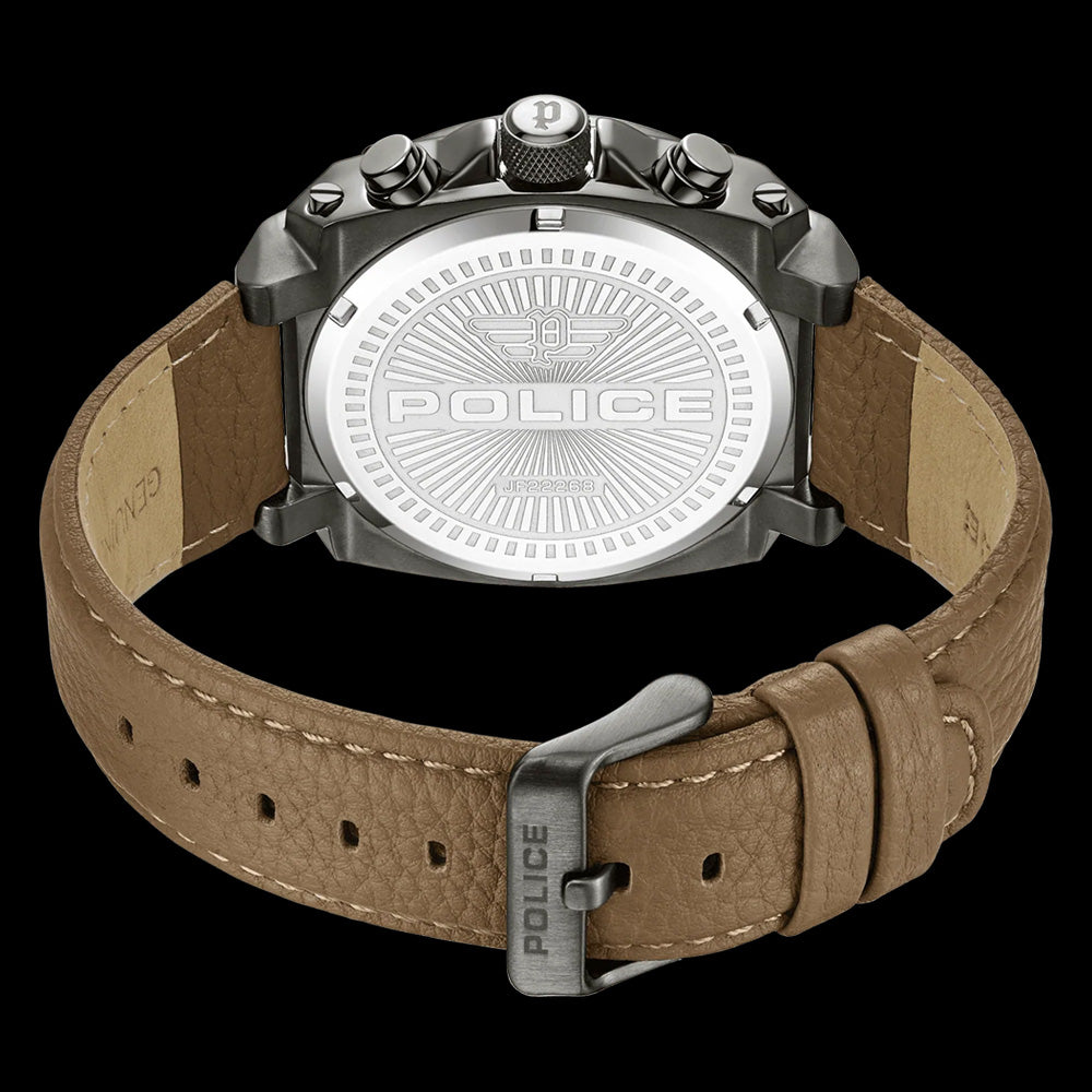 POLICE NORWOOD MEN'S GUNMETAL BROWN LEATHER WATCH - BACK VIEW