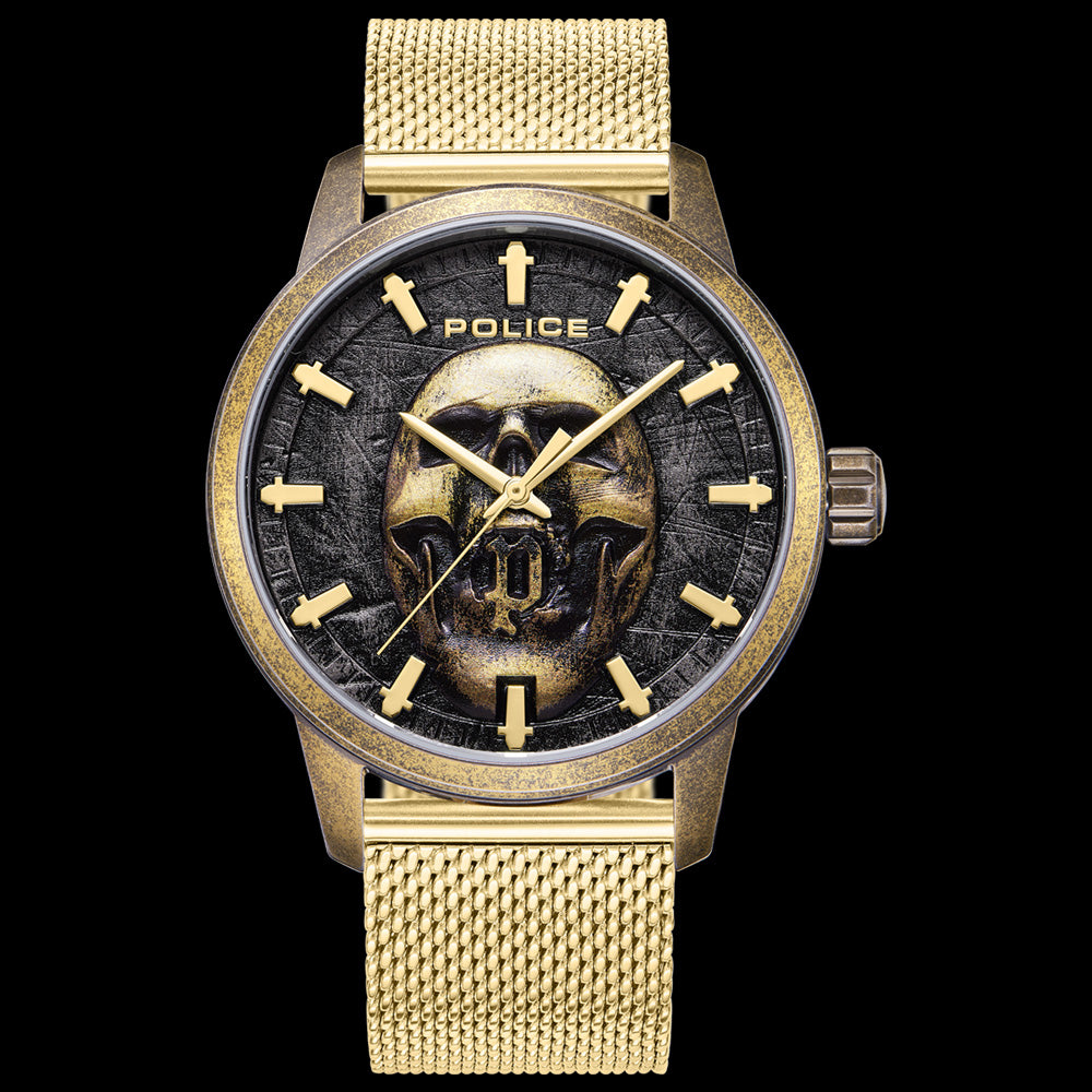 POLICE RAHO MEN'S SKULL DIAL GOLD WATCH