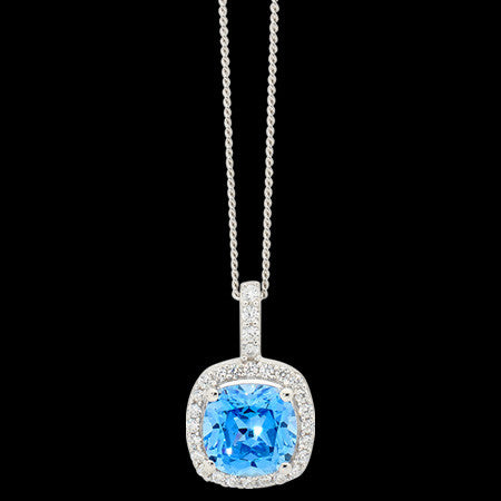 ELLANI STERLING SILVER CUSHION HALO SWISS BLUE CZ NECKLACE