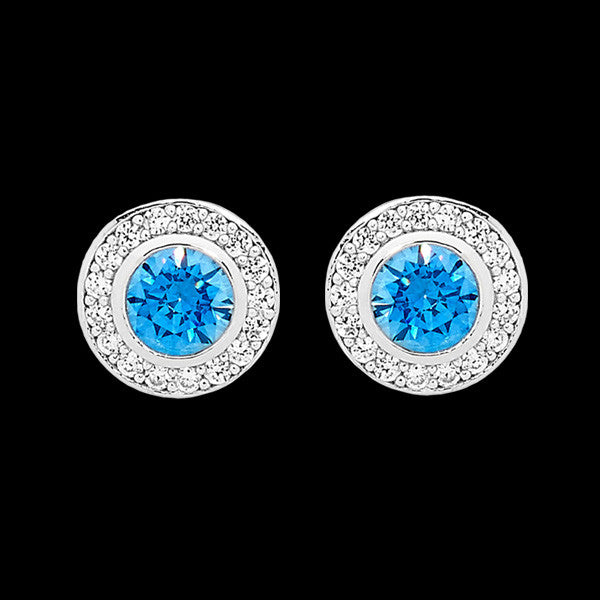 ELLANI STERLING SILVER HALO SWISS BLUE CZ BEZEL EARRINGS