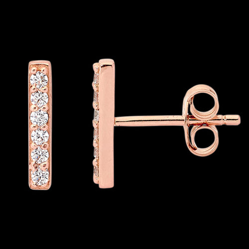 ELLANI STERLING SILVER ROSE GOLD 11MM BAR PAVE CZ EARRINGS