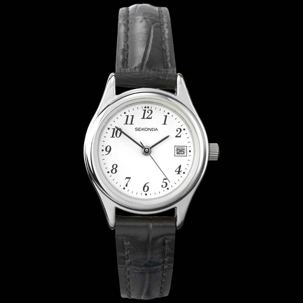 SEKONDA LADIES WHITE EASY READ DIAL BLACK LEATHER WATCH