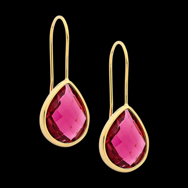 ELLANI STAINLESS STEEL GOLD IP PINK GLASS PEAR HOOK EARRINGS