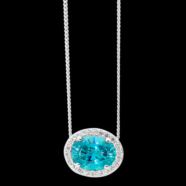 ELLANI STERLING SILVER OVAL PAVE HALO AQUAMARINE NECKLACE