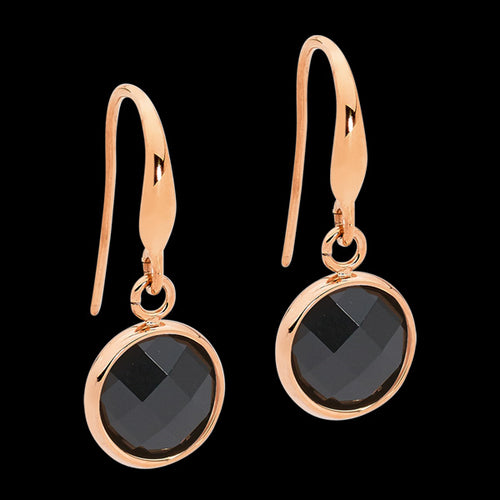 ELLANI STAINLESS STEEL ROSE GOLD BLACK GLASS CIRCLE DANGLE HOOK EARRINGS