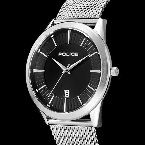 POLICE PATRIOT BLACK DIAL SILVER MESH WATCH - TILT VIEW