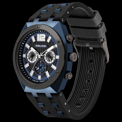 POLICE MEN'S KEDIRI BLUE DIAL BLACK SILICONE WATCH - TILT VIEW