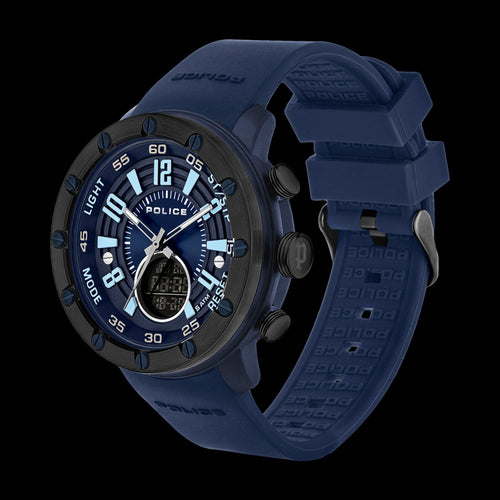 POLICE MEN'S BATUR BLUE DIAL SILICONE WATCH - TILT VIEW