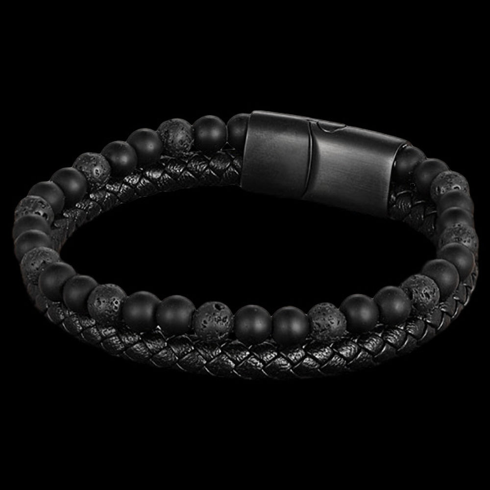 MAXIMAN INFERNO LAVA STONE MEN'S BLACK LEATHER BRACELET - TOP VIEW