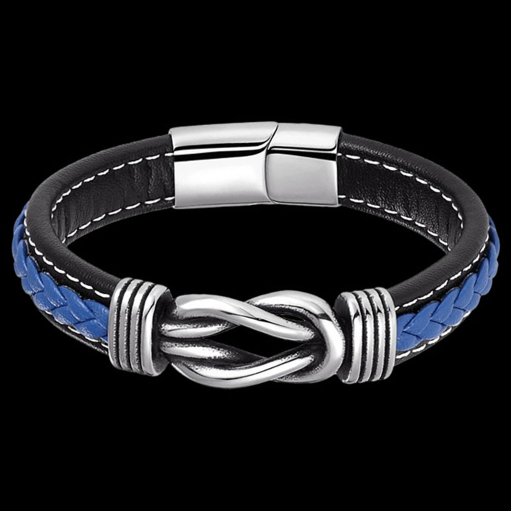 MAXIMAN MARINER KNOT MEN'S BLUE & BLACK LEATHER BRACELET - TOP VIEW