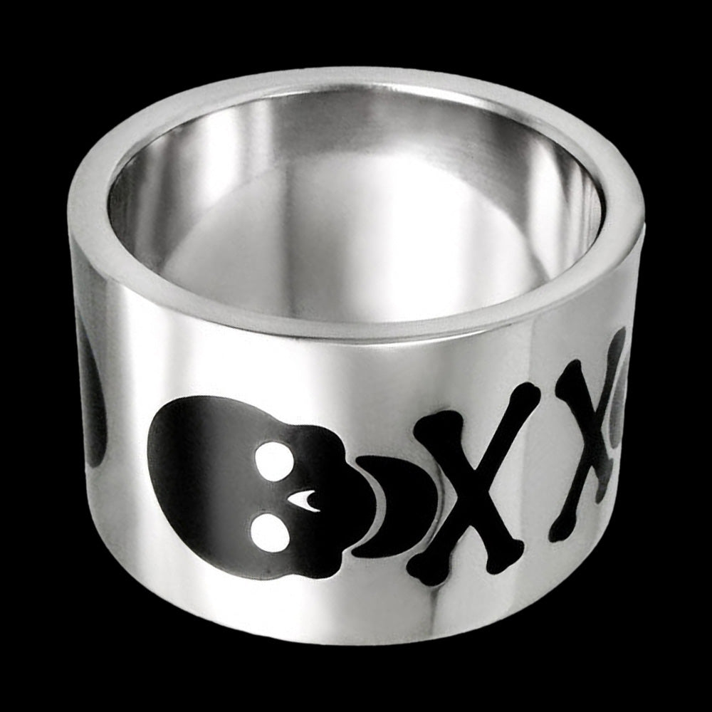 STAINLESS STEEL MEN’S SKULL & CROSSBONES ULTRA WIDE RING - FRONT VIEW