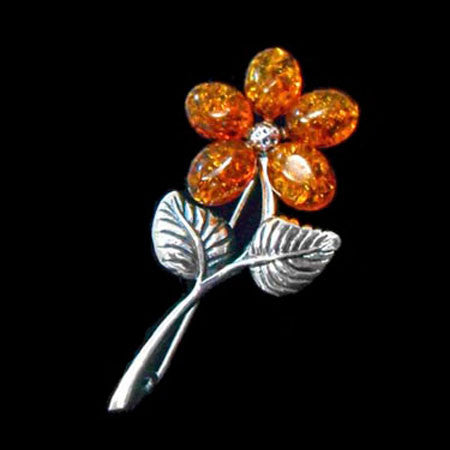 STERLING SILVER AMBER FLOWER BROOCH