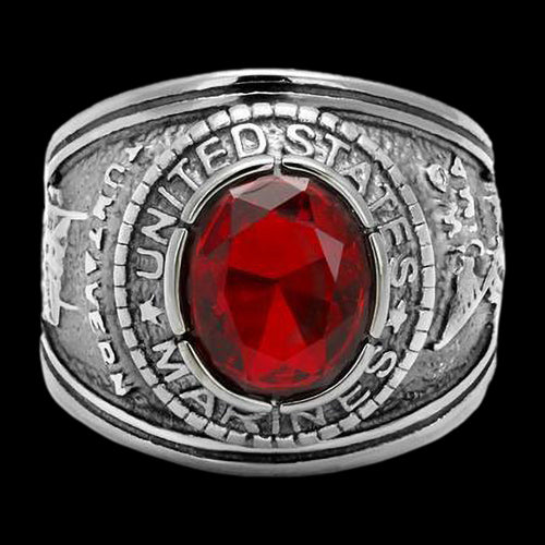 STAINLESS STEEL MEN'S UNITED STATES MARINES RED CZ SIGNET RING - FRONT VIEW