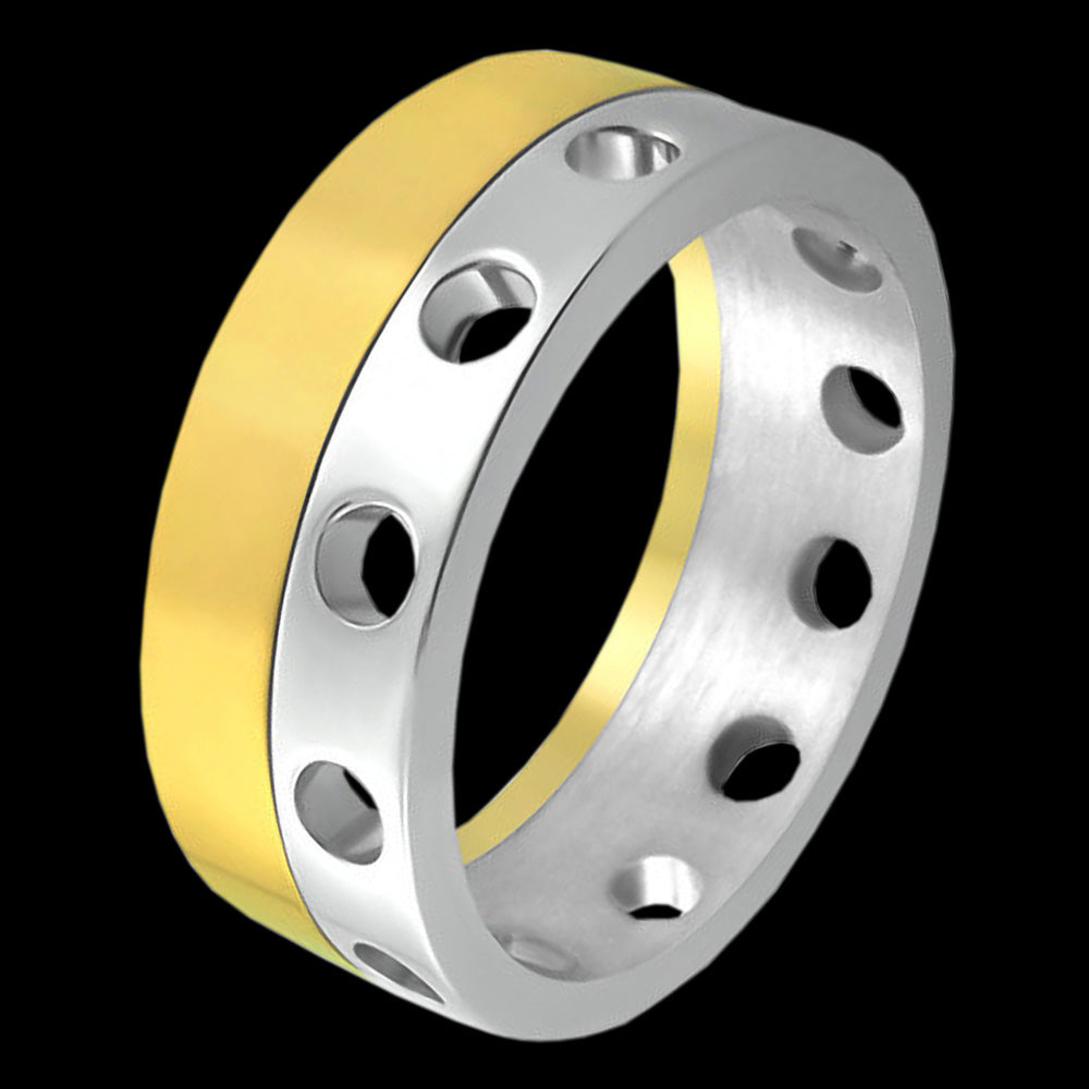 STAINLESS STEEL MEN'S PORTHOLE GOLD IP SPINNER RING