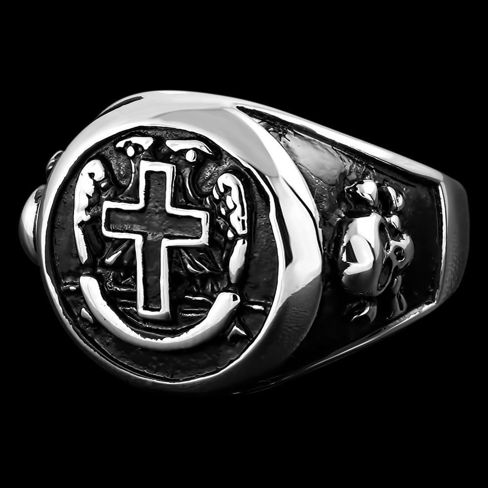 STAINLESS STEEL LATIN CROSS & SKULL CROSSBONES RING - FRONT VIEW