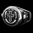 STAINLESS STEEL LATIN CROSS & SKULL CROSSBONES RING - FRONT VIEW