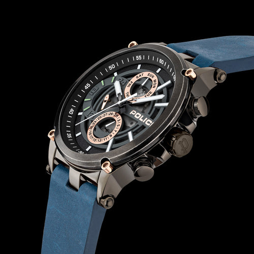 POLICE MEN'S TAMAN GUNMETAL BLUE LEATHER WATCH - TILT VIEW