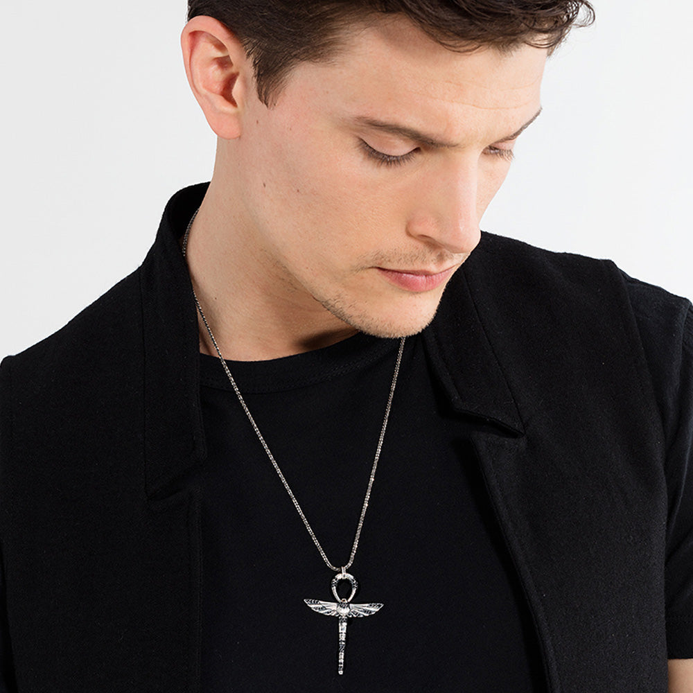 THOMAS SABO CROSS OF LIFE ANKH SCARAB LARGE PENDANT - MALE MODEL VIEW